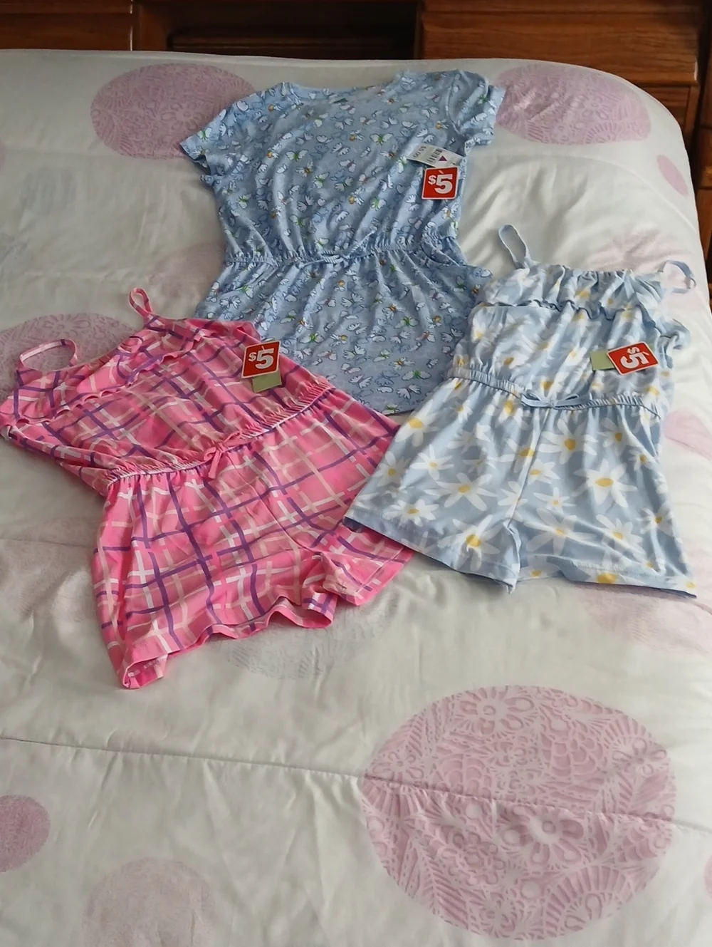 3 For $12...Girls'..2 Sleeveless Rompers & 1-Short Sleeve Dress w/front Pockets